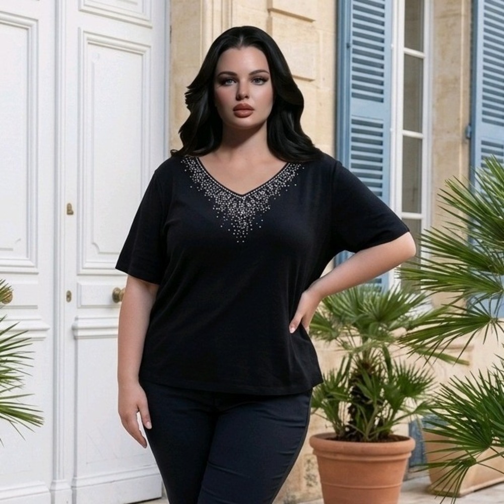 Quacker Factory 3X Black Boxy Rhinestone V-Neck Vintage Short Sleeve T-Shirt Top
